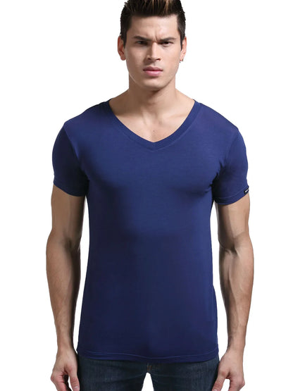 Modal summer round neck tight men's short sleeve V-neck T-shirt solid color vest T-shirt slim-fit sports undershirt