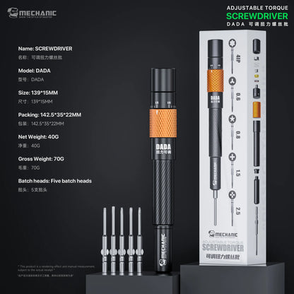 MECHANIC DADA Phone Repair Screwdriver Set, Adjustable Torque 0.35-0.55N.cm, 4IP/Y0.6/Pentalobe 0.8 Bits, Anti-Over-Tightening