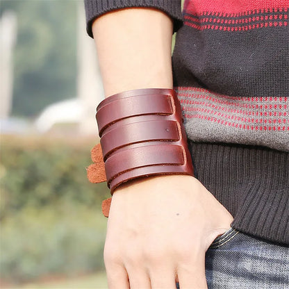 KOTik 2024 New Fashion Genuine Leather Wide Cuff Bangles Punk Vintage Three Layers Wide Black Brown Men Jewelry Bracelets