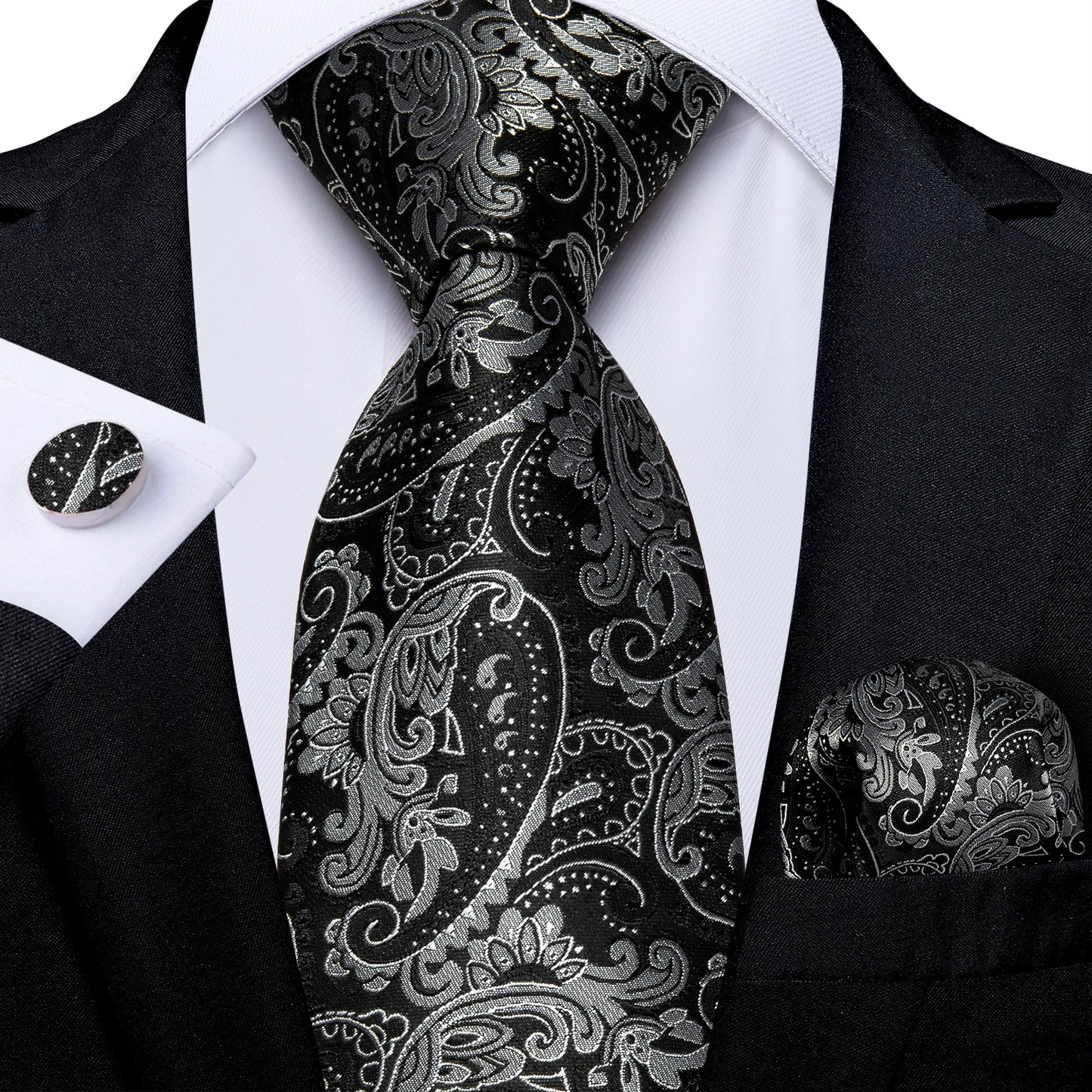 Black And Silver Paisley Floral Men's Ties Gray Blue Pink Wedding Accessories Neck Tie Set Handkerchief Cufflinks Gift For Men