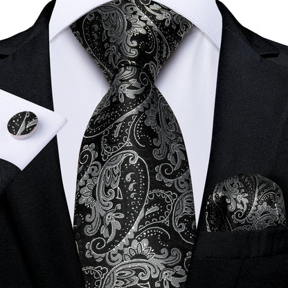 Black And Silver Paisley Floral Men's Ties Gray Blue Pink Wedding Accessories Neck Tie Set Handkerchief Cufflinks Gift For Men
