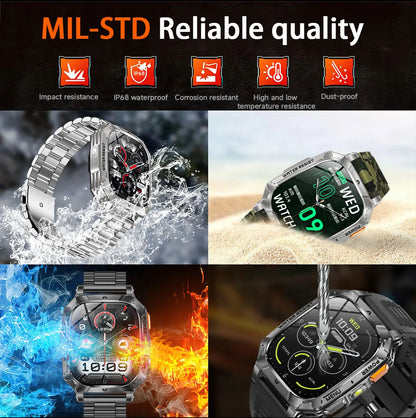 New Rugged Military Smart Watch Men 1400 mAh battery 2.01inch Bluetooth Call Health monitoring device LED flashlight Smart watch