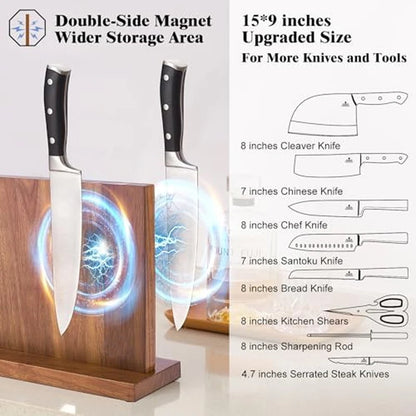 Long Magnetic Knife Block Acacia Wooden Kitchen Knife Holder Kitchen Counter Strong Enhanced Magnets Stands Storage Knife Holder
