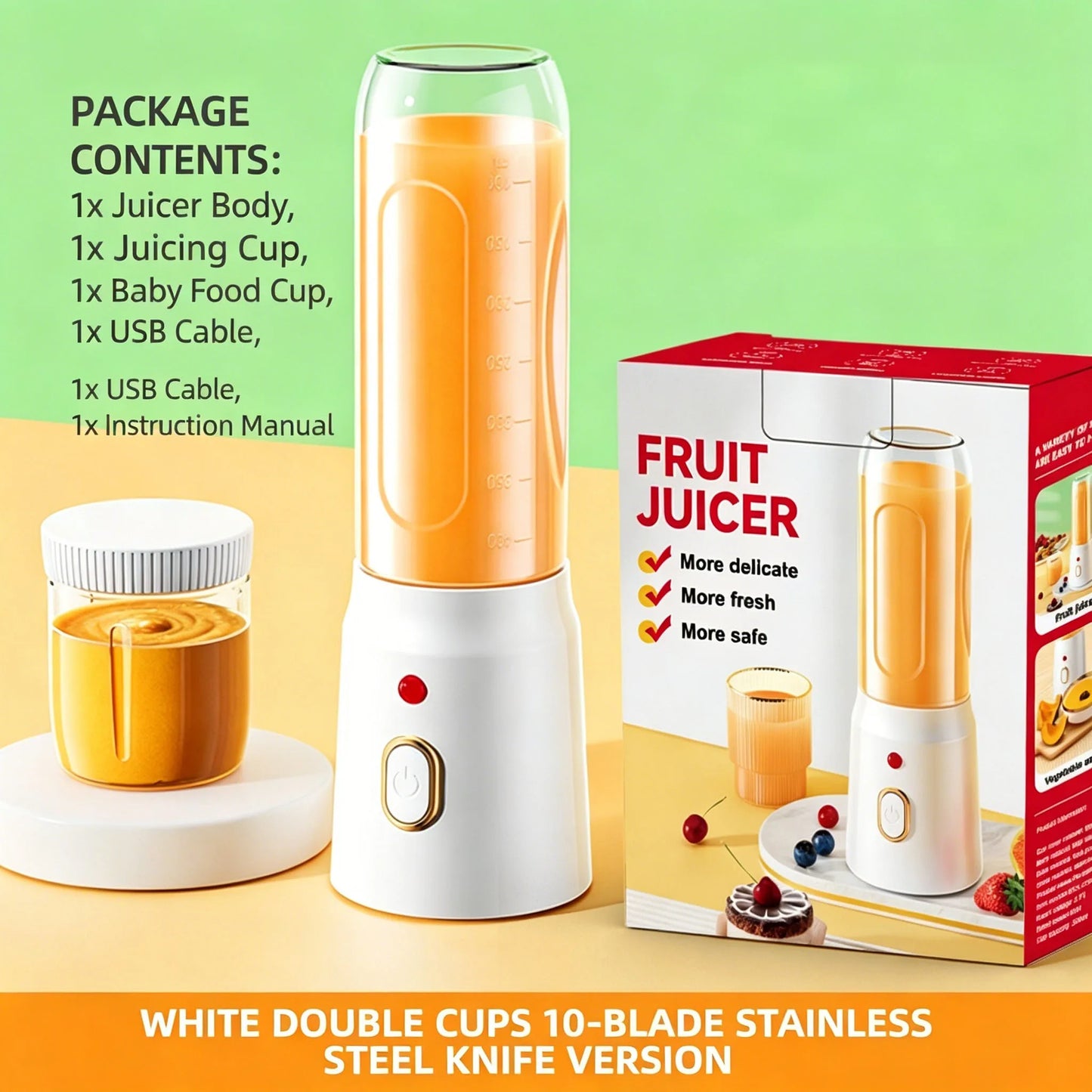 Portable USB Rechargeable Juicer 450ml 2 Cups Wireless Blender with Sports Lid, Mini Mixer for Juice Smoothie Shakes Home Use