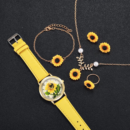 6PCS/Set Fashion Flower Dial Women Watches Leather Strap Quartz Watch Daisy Jewelry Set Reloj Mujer (Without Box)