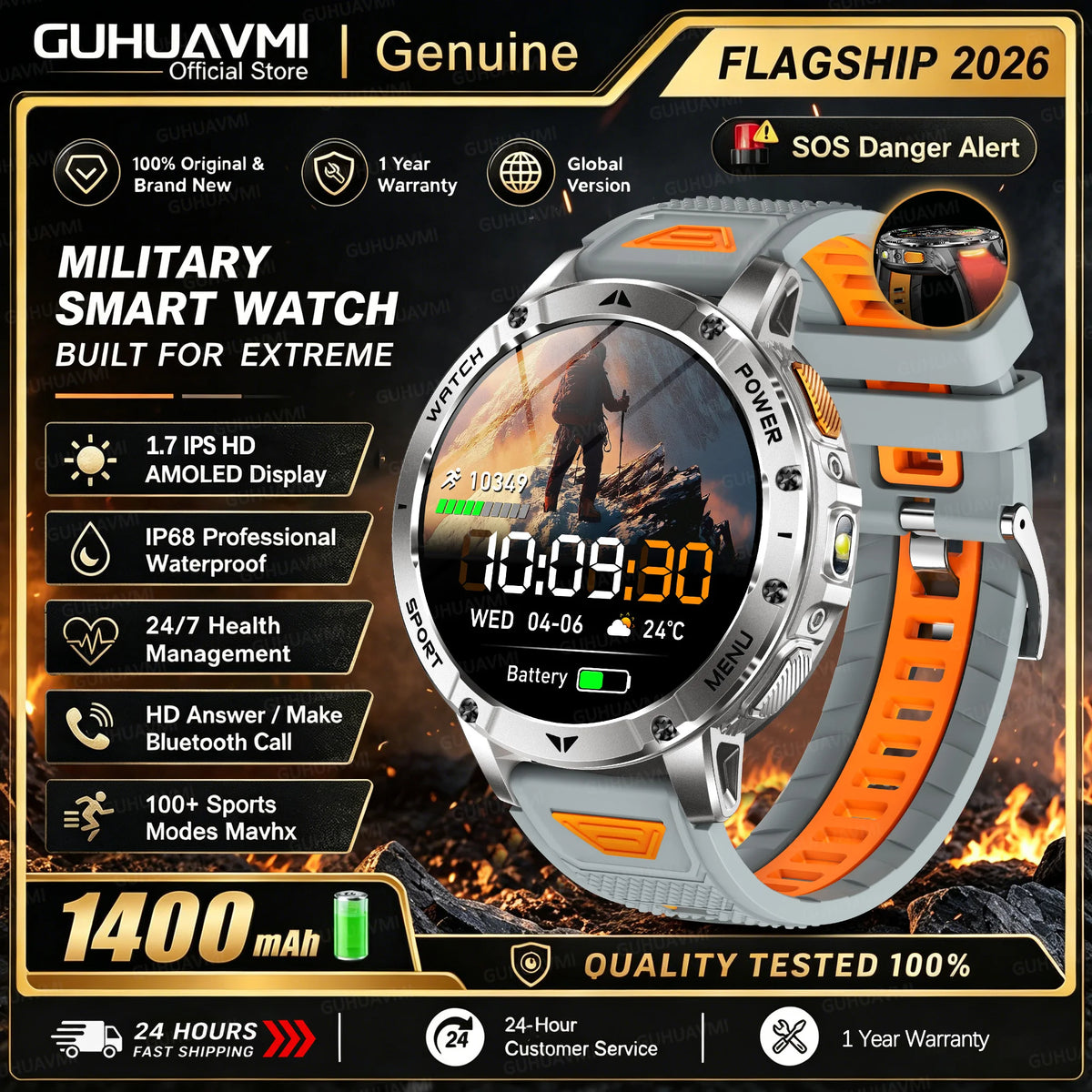 1400mAh Large Battery Military Smart Watch Men 1.7"HD Bluetooth Call 10ATM Waterproof LED Flash SOS Health Monitor Sport Watches