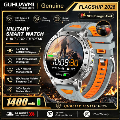 1400mAh Large Battery Military Smart Watch Men 1.7"HD Bluetooth Call 10ATM Waterproof LED Flash SOS Health Monitor Sport Watches