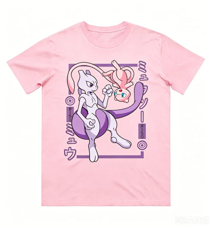 Pokémon Mewtwo Mew Printed Pure Cotton T-shirt for Men and Women Spring/Summer New Collection Fashion Short Sleeved Shirt