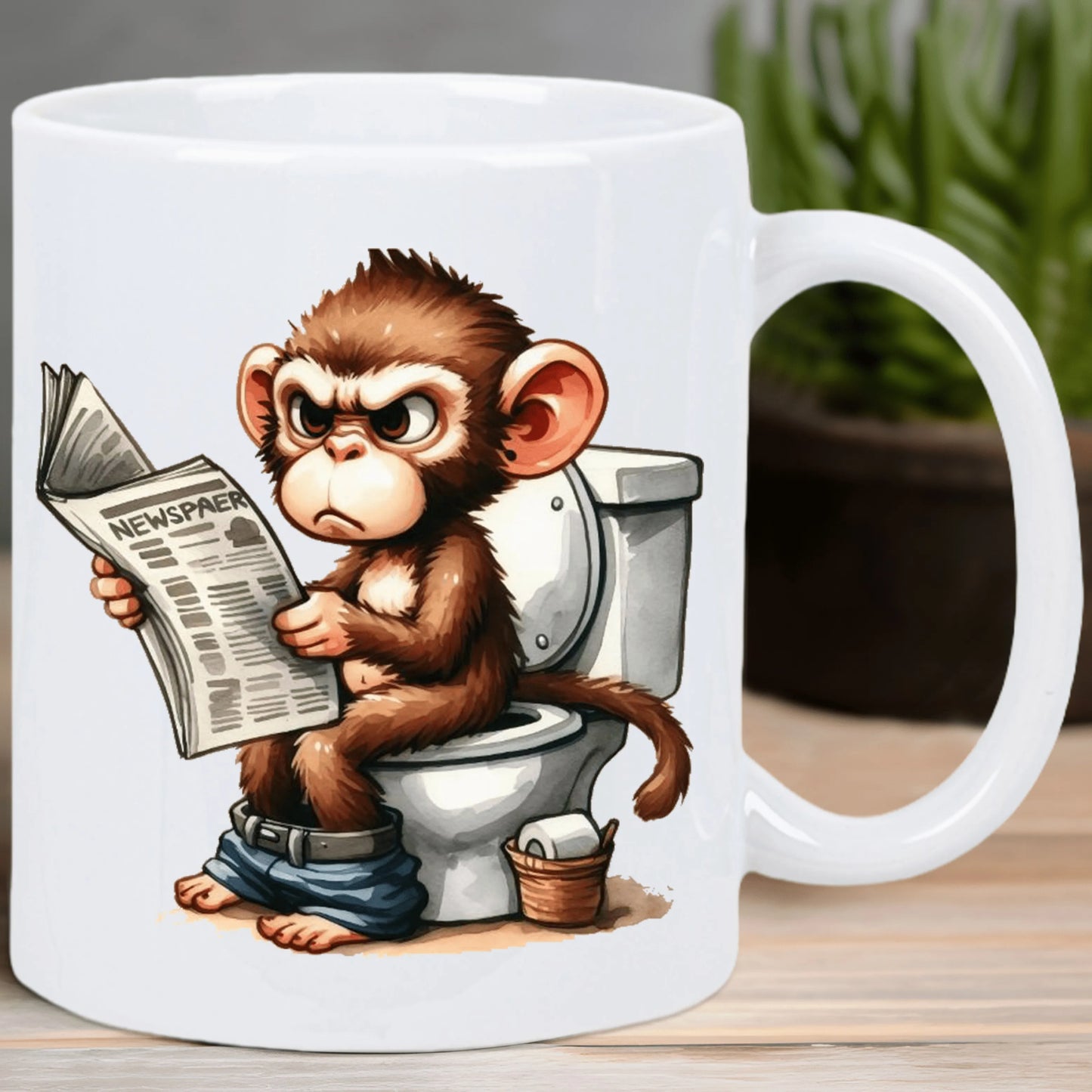 Funny Monkey on Toilet Ceramic Coffee Mug – Reusable, Hand-Wash Only – Humorous Cartoon Design with Detailed Illustration