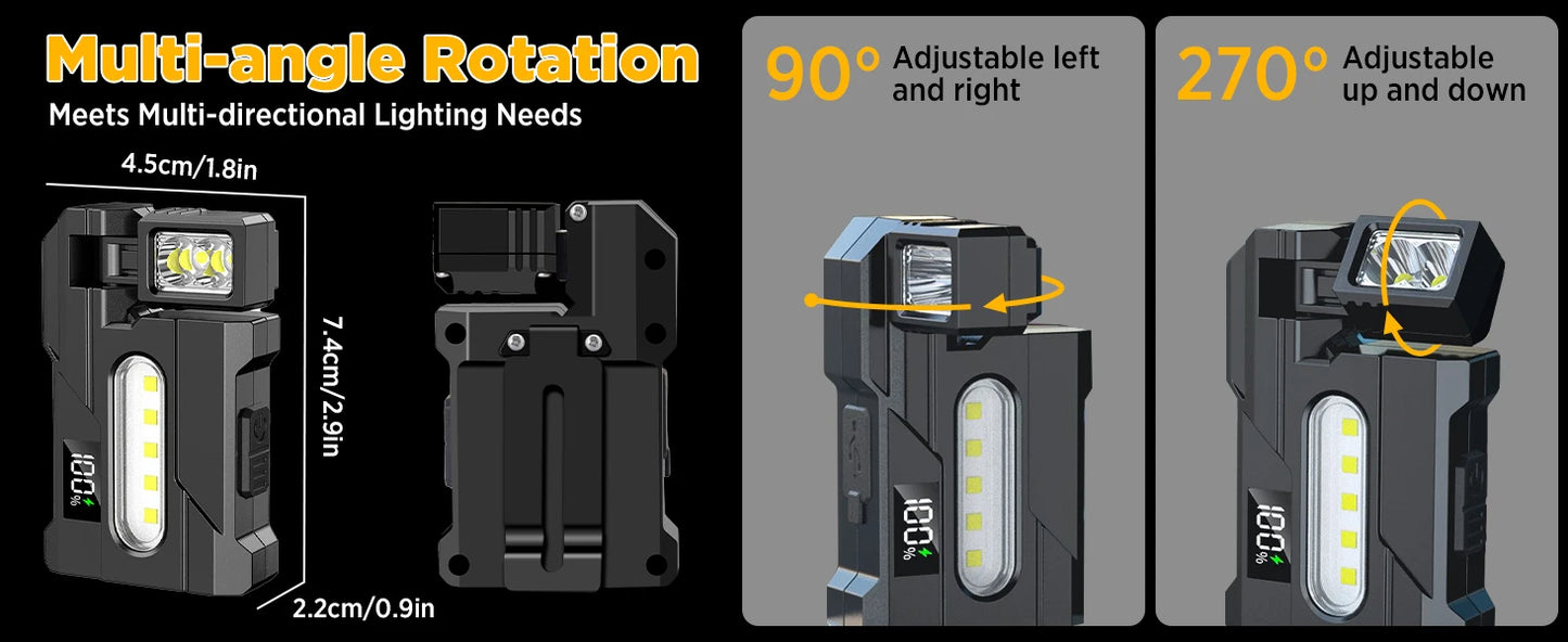 COB+XPE Dual Light Flashlight, 1200LM Adjustable Head with Magne t& Clip,USB Rechargeable Mini Work Light for Camping Hiking EDC