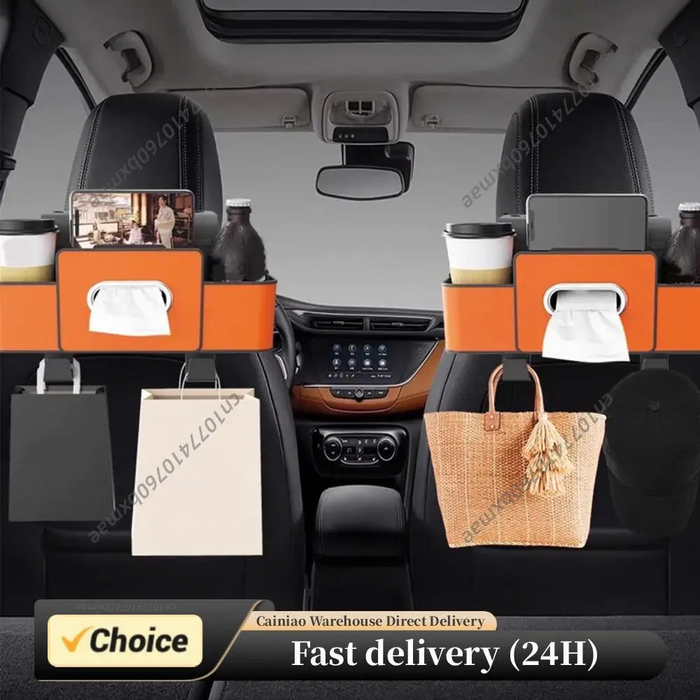 Multifunctional Car Organizer with Cup Holder Tissue Box and Hooks Vehicle Seat Back Hanging Storage Box Travel Accessories