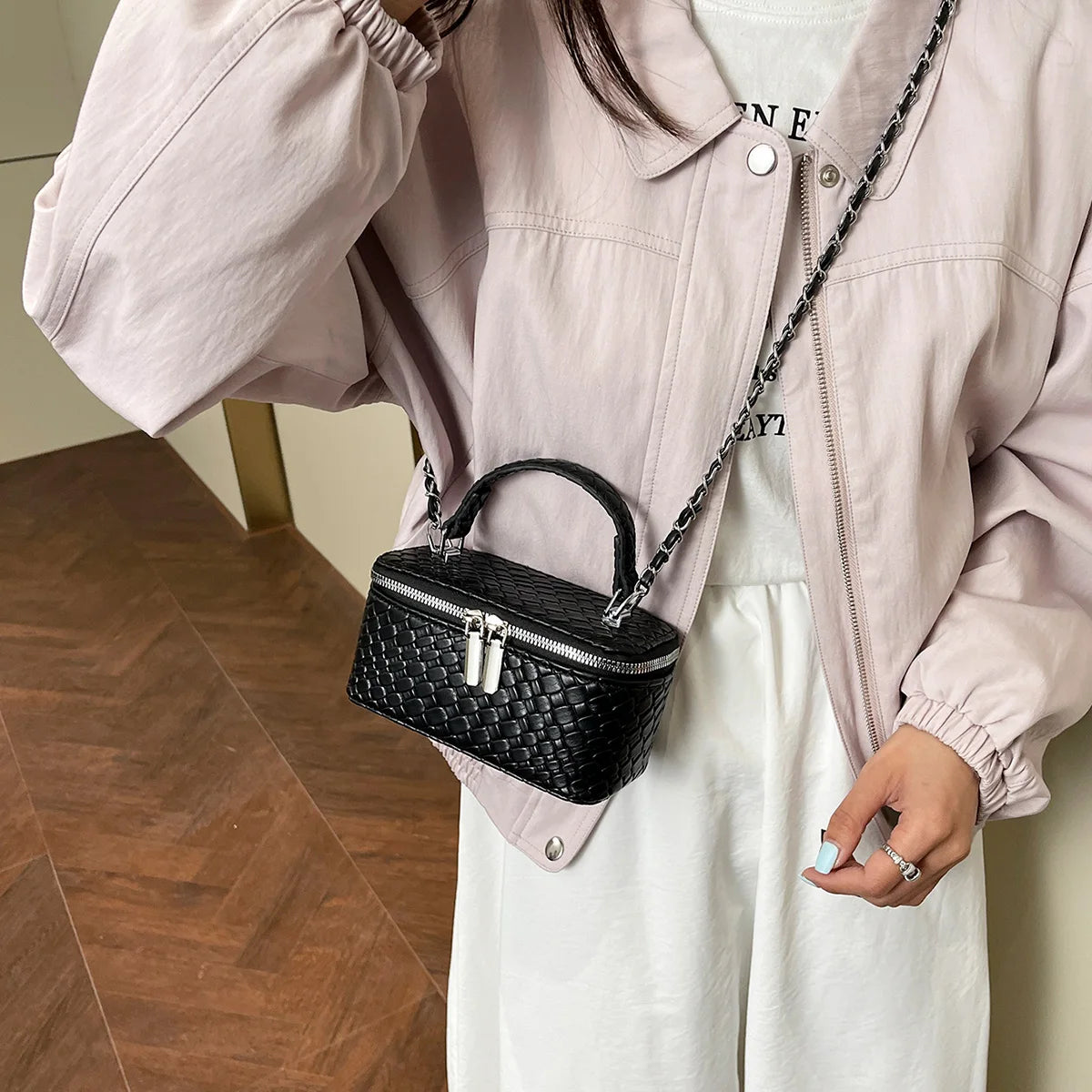 Retro Women Crossbody Bag Woven Pattern Soft PU Leather Handbag Multi Function Adjustable Chain Strap Shoulder Bag for Commute