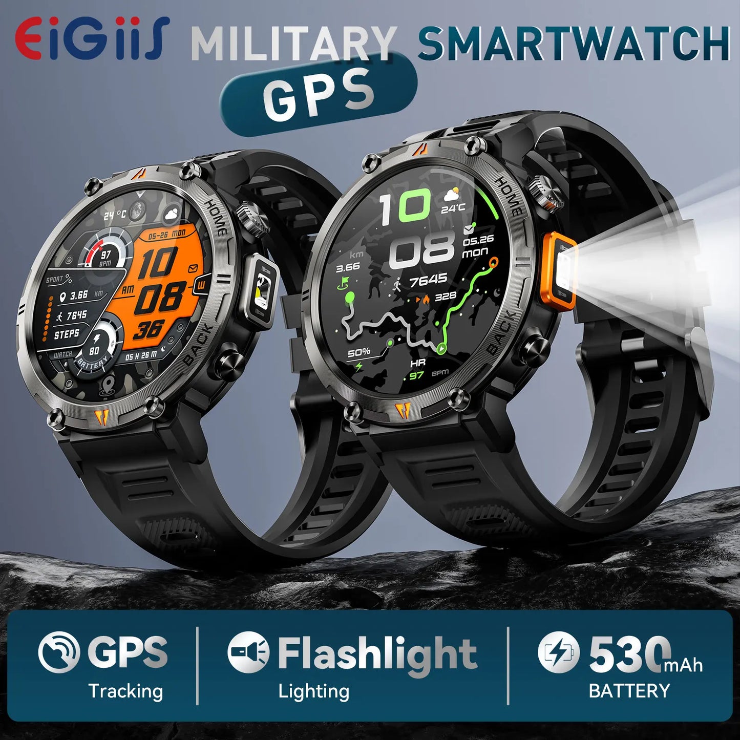 EIGIIS KE3Pro Original Smart Watch for Men with LED Flashlightwith Heart Rate Sleep fitness Monitor with GPS Multiple Sport Mode