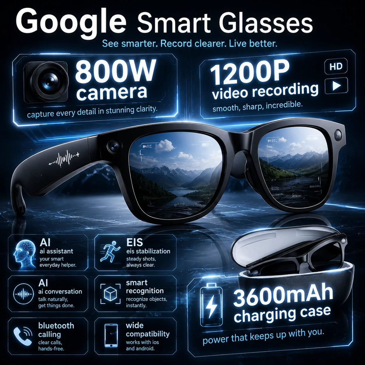 2026 AI Smart Glasses M02 Ultra 1080P HD Camera ChatGPT 3600mAh Charging Case Power Bank 32GB Translation Music Video Sunglasse