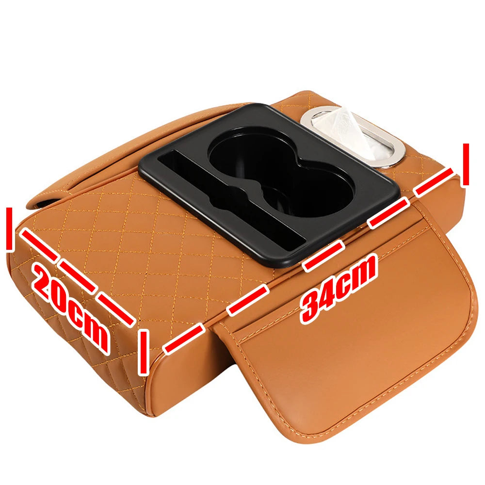 Car Armrest Box Multifunctional Thicken Height Pad Arm Rest Cushion with Pocket Tissue Cup Holder PU Elbow Support Height Pad