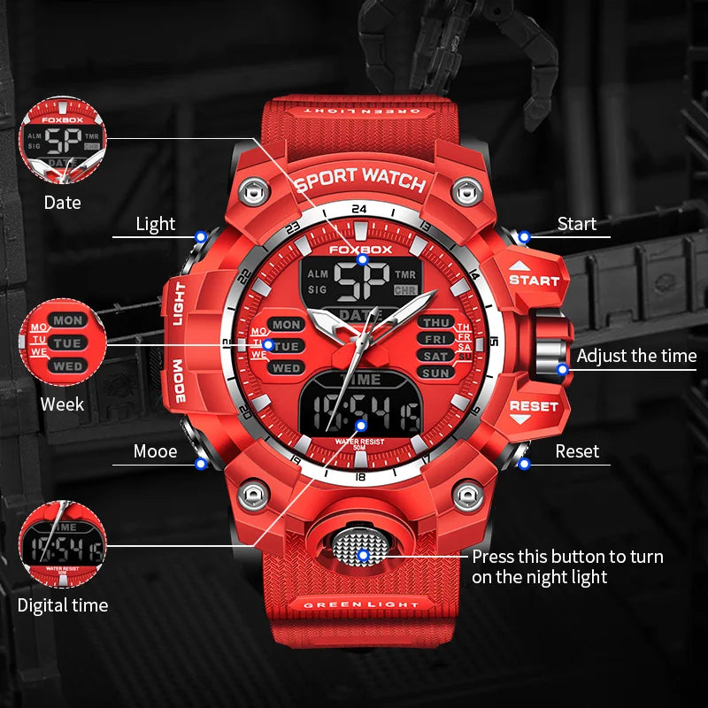 FOXBOX Top Brand Sports Military Quartz Men Watch Waterproof Dual Display Digital Fashion Big Watch For Men LED Man Wristwatch