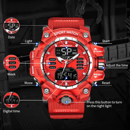 FOXBOX Top Brand Sports Military Quartz Men Watch Waterproof Dual Display Digital Fashion Big Watch For Men LED Man Wristwatch