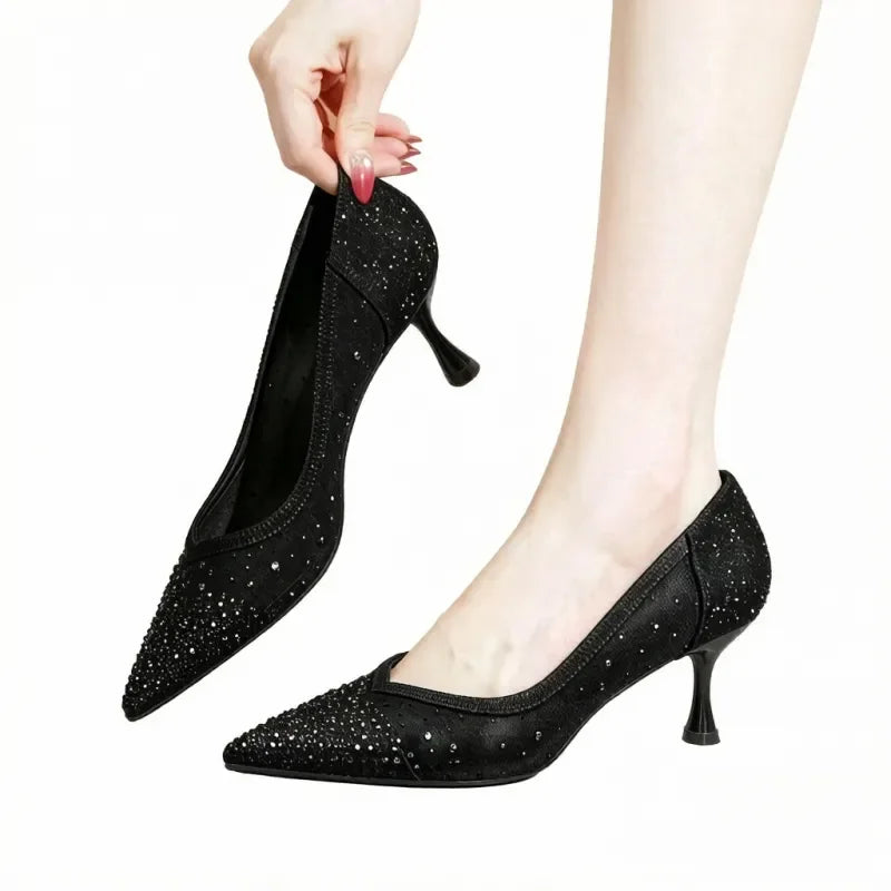 Women's Breathable Mesh Pointed-Toe High Heels, Rhinestone Elegant Slip-On Stiletto Pumps, Suitable for Parties, Weddings