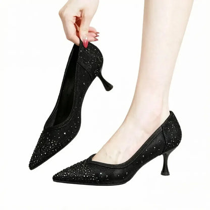 Women's Breathable Mesh Pointed-Toe High Heels, Rhinestone Elegant Slip-On Stiletto Pumps, Suitable for Parties, Weddings