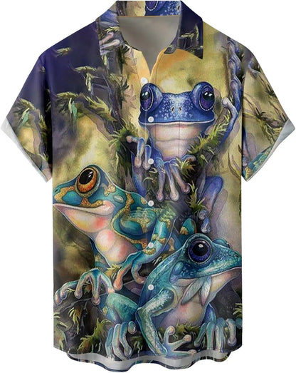 Summer Men's Gradient Sketch Coconut Tree 3D Printed Shirt, Vintage Hawaiian Tropical Quick Drying Loose Shirt