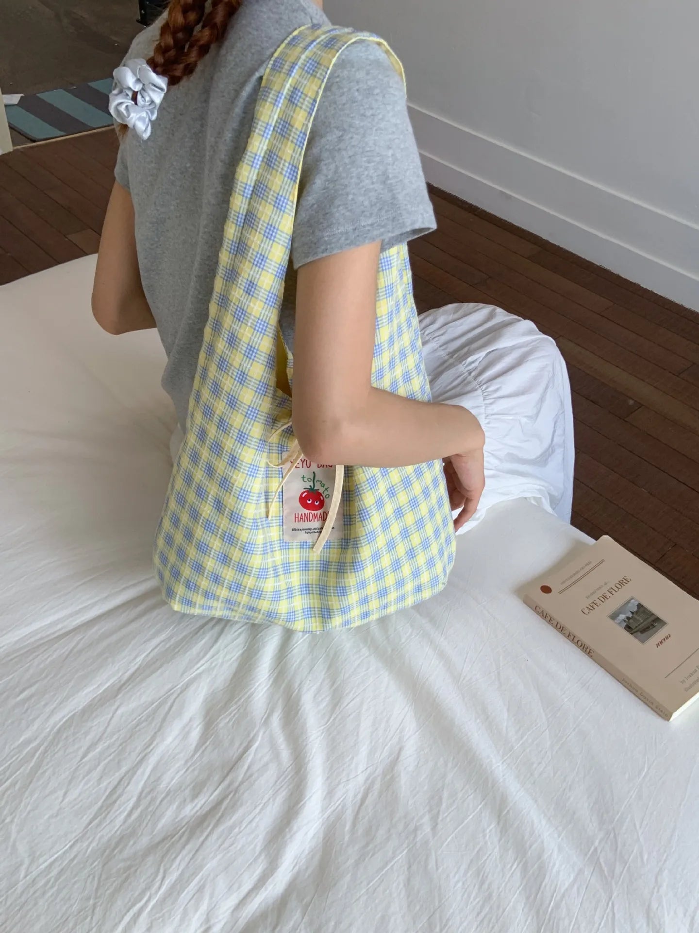 Cartoon Tomato Standard Plaid Vest Bag Large-Capacity Student Class Double-sided Backpack Fashionable Versatile Shoulder Bag