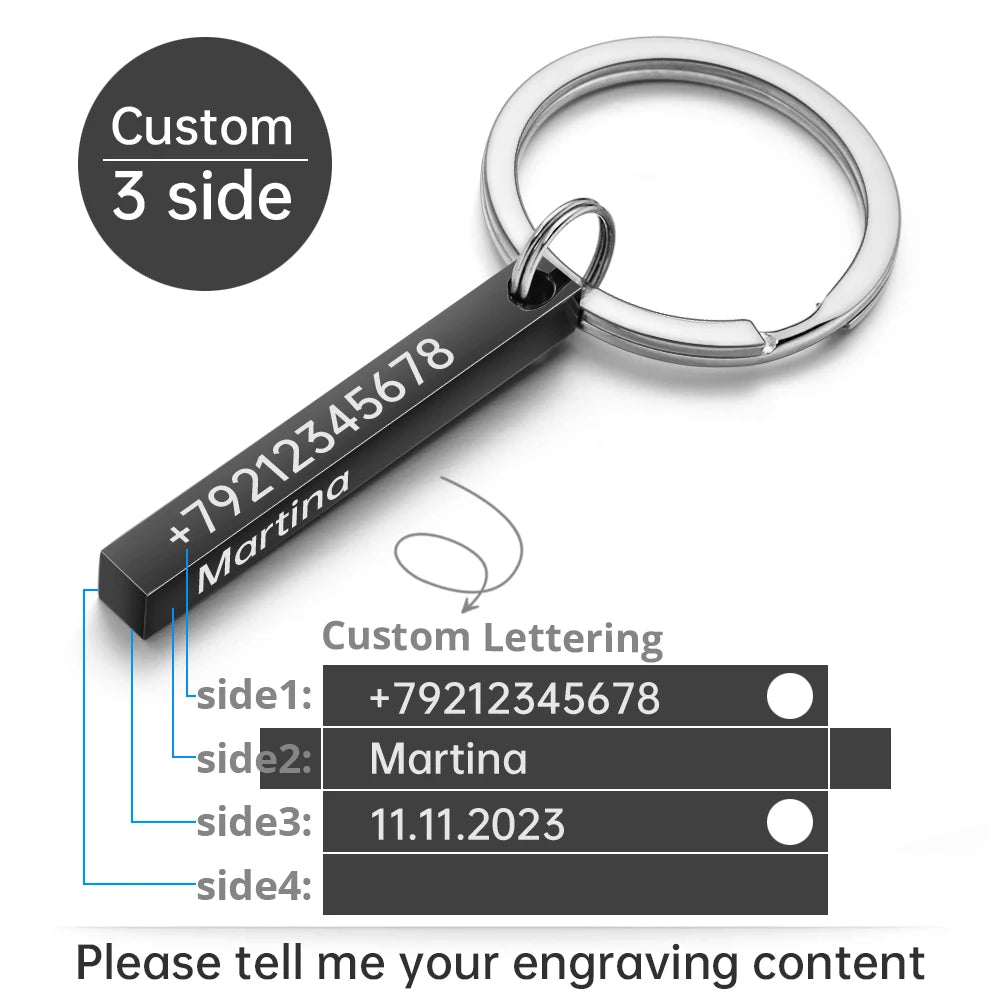 Personalize Keychains 3D Bar Stainless Steel Keyrings 4 Sides Engrave Text Name Date Logo Custom Key Chains Rings Love Gift P039