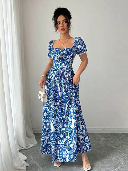 Elegant Women's Floral Print Bubble Sleeve Dress, Blue Long Dress, Front Tie Back Gathered Waist, Casual Vacation