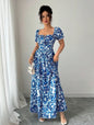 Elegant Women's Floral Print Bubble Sleeve Dress, Blue Long Dress, Front Tie Back Gathered Waist, Casual Vacation