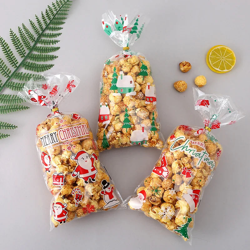 50/100pcs Christmas candy drawstring bag opp cellophane cookies nuts plastic bags New Year gift wrapping bags free gift ties
