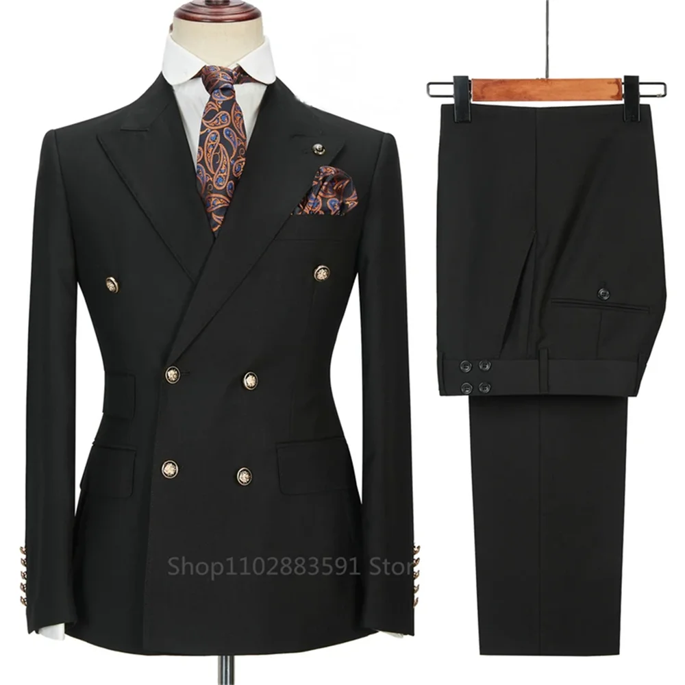 2 Pieces Fashion New Men's Business Double Breasted Solid Color Suit Coat / Male Slim Wedding Blazers Jacket Pants Trousers