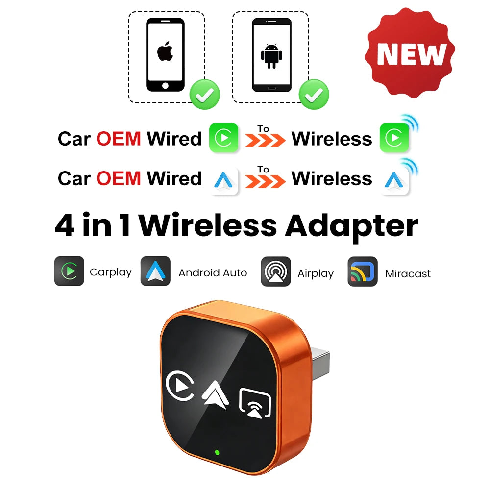 2026 4in1 New Upgrade Carplay Adapter Wireless Android Auto Mirror Link Smart MiNi AI Box USB Plug and Play Auto Connect WiFi