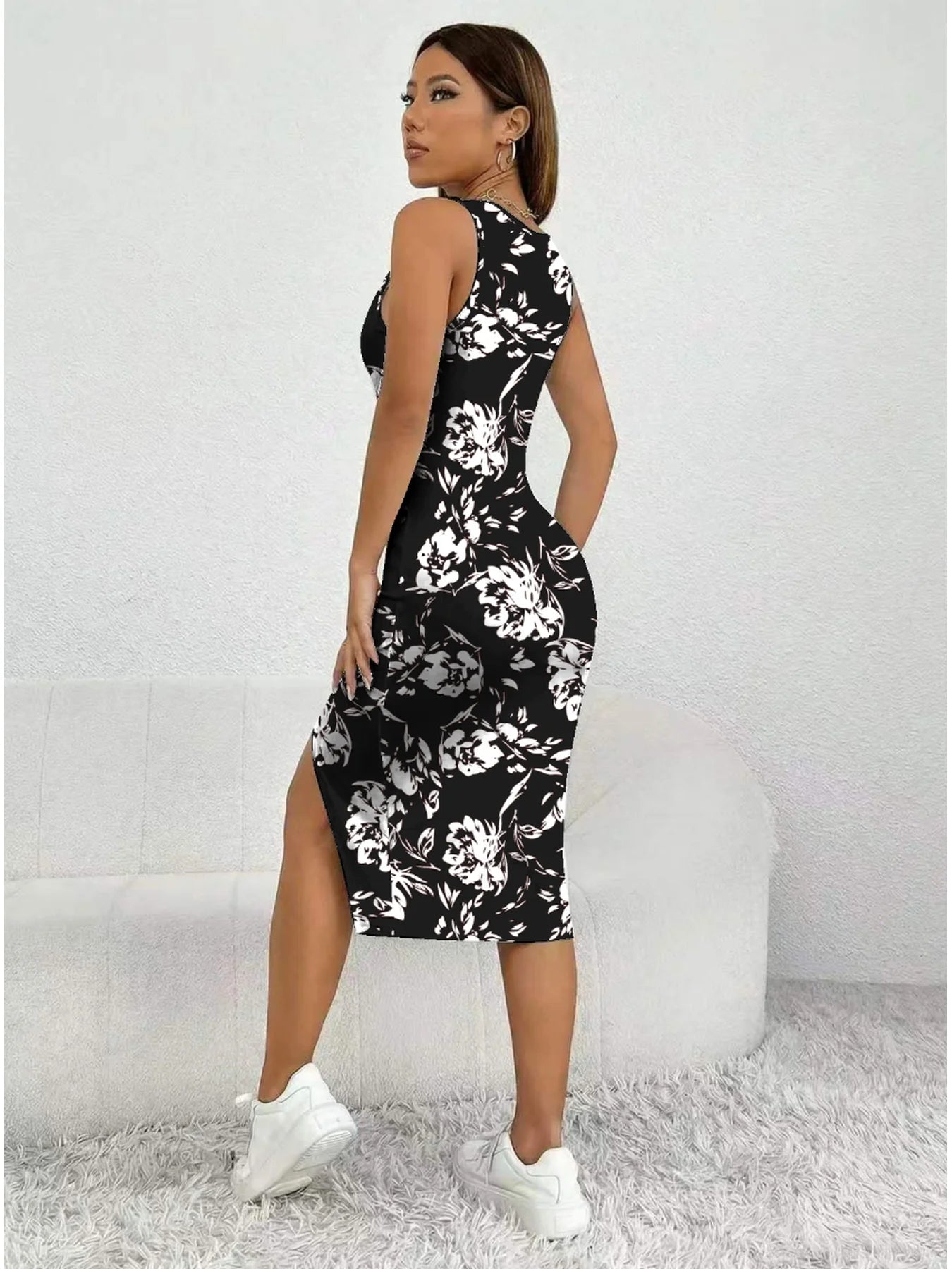 Women's Summer Casual Elegant Comfortable Square Neck Geometric Pattern Floral Pattern Slit Dress Mid Length Skirt