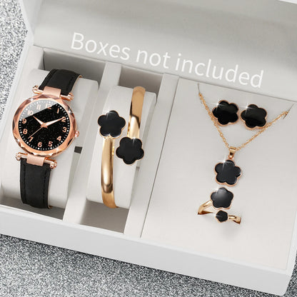 20266PCs/Set Women's Watch Fashion Digital Leather Quartz Watch with Unique Flower Jewelry Set