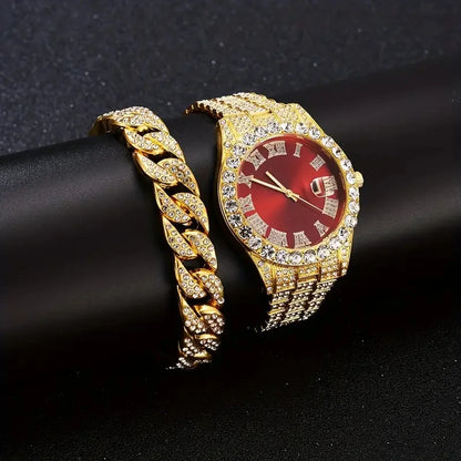 3PCS luxury alloy full diamond rhinestone mirror men's quartz watch with calendar and Hip Hop Cuban Necklace bracelet set