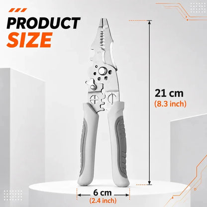 Ergonomic Grip Stainless Steel Electric Plier 8.5" Multi-purpose Wire Stripping Cutting Crimping Hand Tool