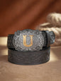 Western Cowboy PU Leather Belt - Men Waist Strap Bull Decoration Floral Engraved for Jeans