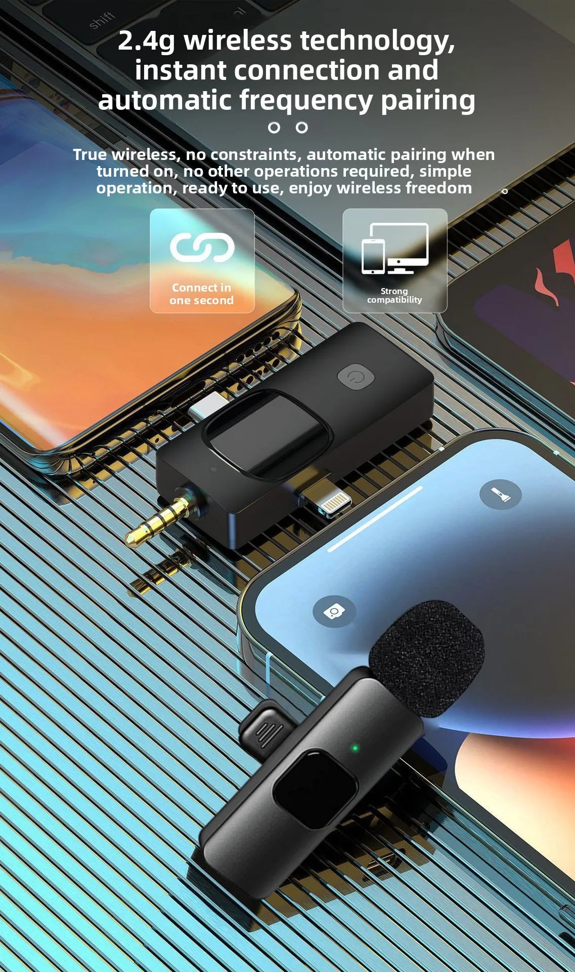 Wireless Lavalier Microphone 1 to 2 with Reverb Monitor Auto Noise Reduction for Video Live Streaming Vlog