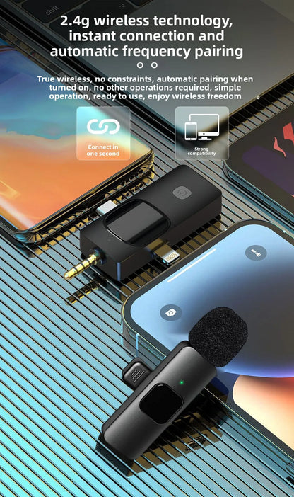 Wireless Lavalier Microphone 1 to 2 with Reverb Monitor Auto Noise Reduction for Video Live Streaming Vlog