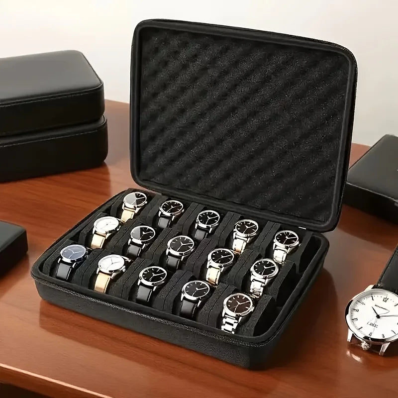 A Watch Box with 15 Compartments,Featuring Shockproof Foam Padding And a Portable Hard Shell Design,for Home Storage