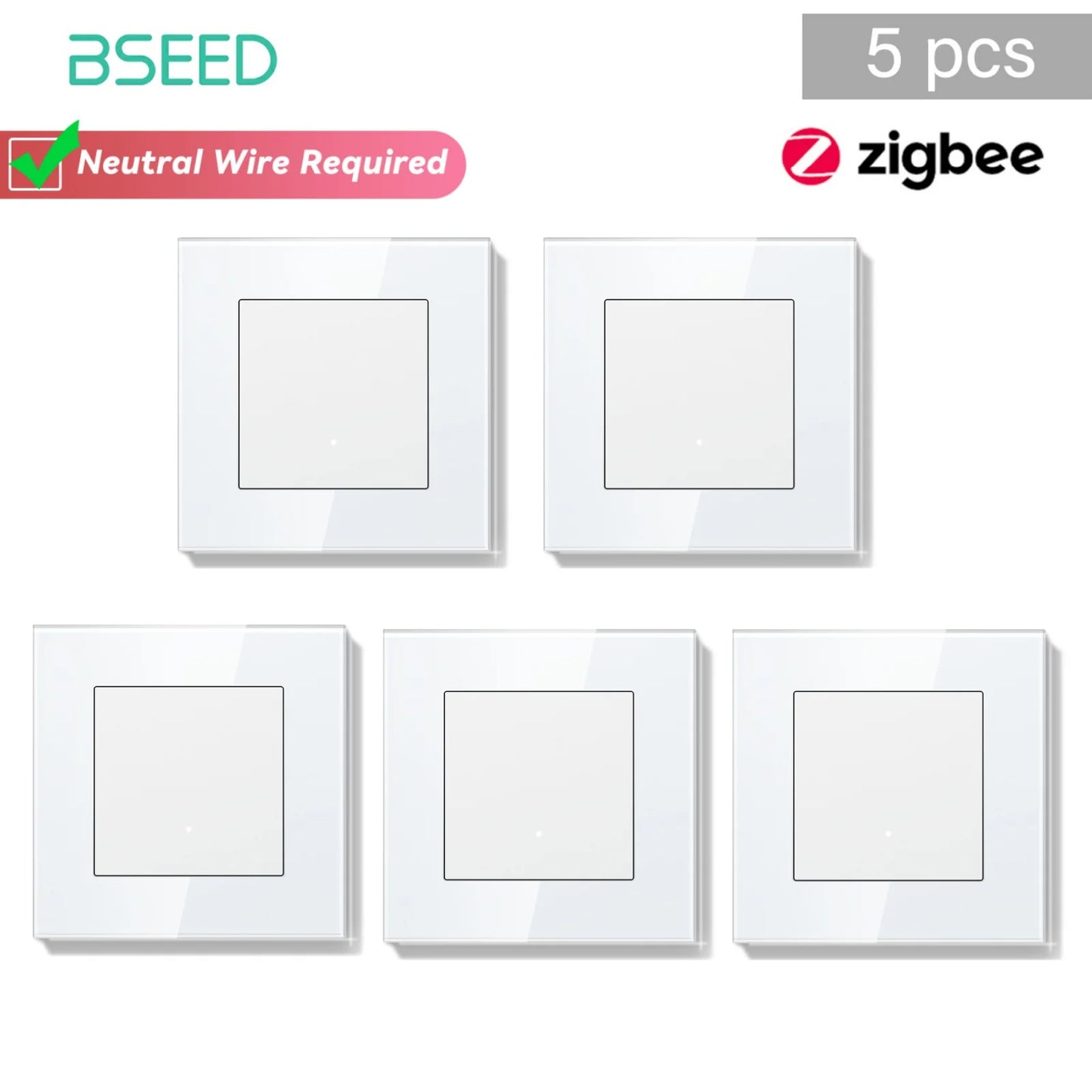 Bseed Zigbee Button Switchs Need Neutral Wire Tuya Smart Life Alexa App Control Glass Frame 86*86mm White Light Switch