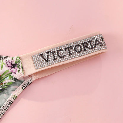 Victoria s Secret Rhinestone Logo Shoulder Straps Lace Underwear Sexy Lingerie Set Push Up Bra And Panties Set For Women