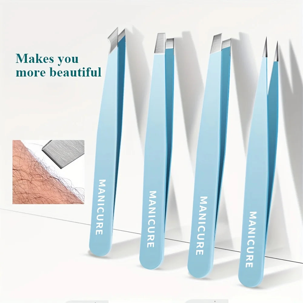 Eyebrow Tweezers 4 Pcs Set & Fine Hair Puller Stainless Steel Slanted Tips Non-Slip Grip Handle Precision Brow Trimmer