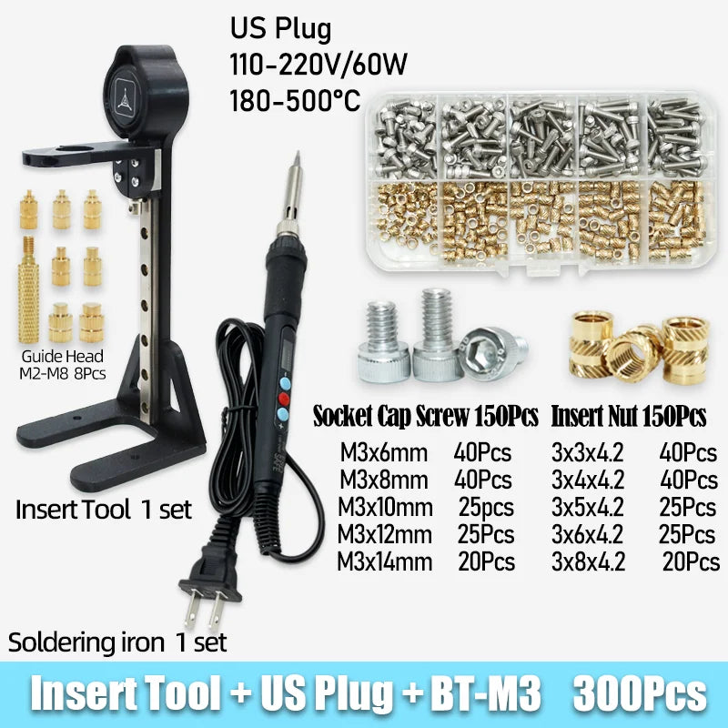 Heat Set Insert Nut Press Tool Brass Soldering Iron Tip Thread Injection Embedded Nuts and Stainless Steel Hex Socket Screw Kit