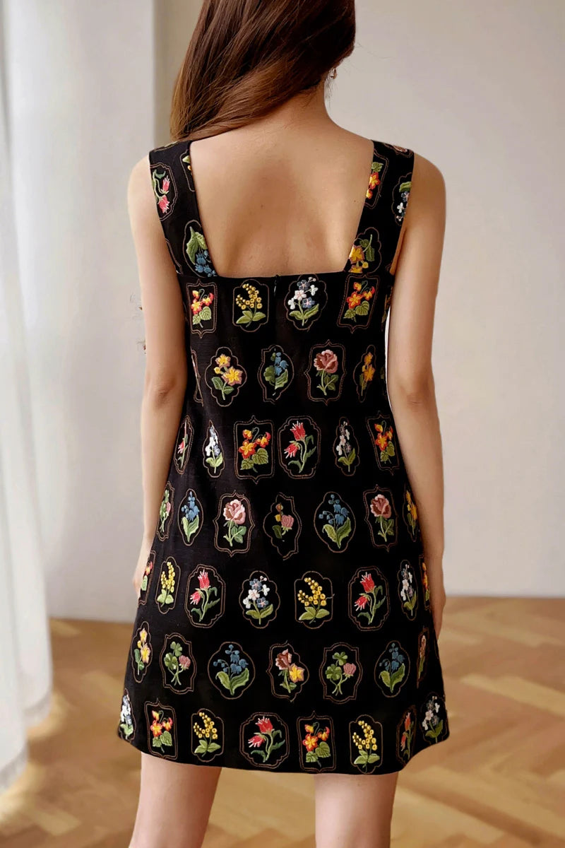 Summer Embroidery Spaghetti Strap Dress Women's Dress Square Collar Sundress Knee-Length A-LineSkirt Y2K 2025 DABUWAWA DM2BDX003