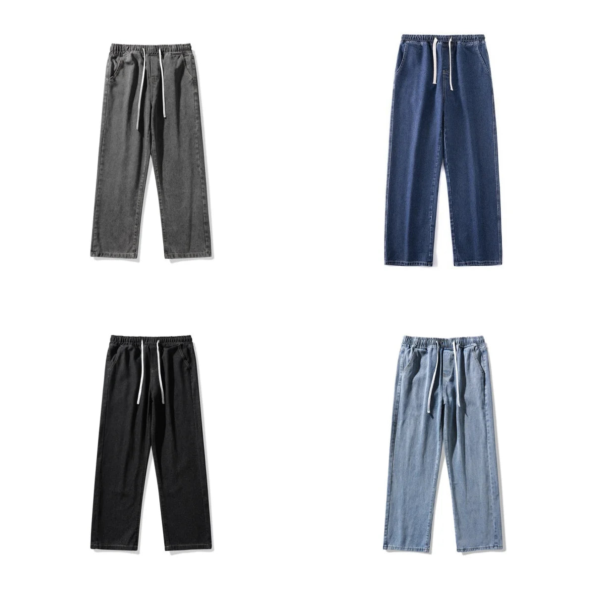 Boyfriend Style Vintage Solid Draped Denim Jeans, Loose Straight Korean High Street Y2K Hip Hop Floor-Length Wide Leg Pants