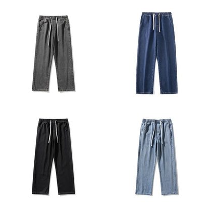 Boyfriend Style Vintage Solid Draped Denim Jeans, Loose Straight Korean High Street Y2K Hip Hop Floor-Length Wide Leg Pants