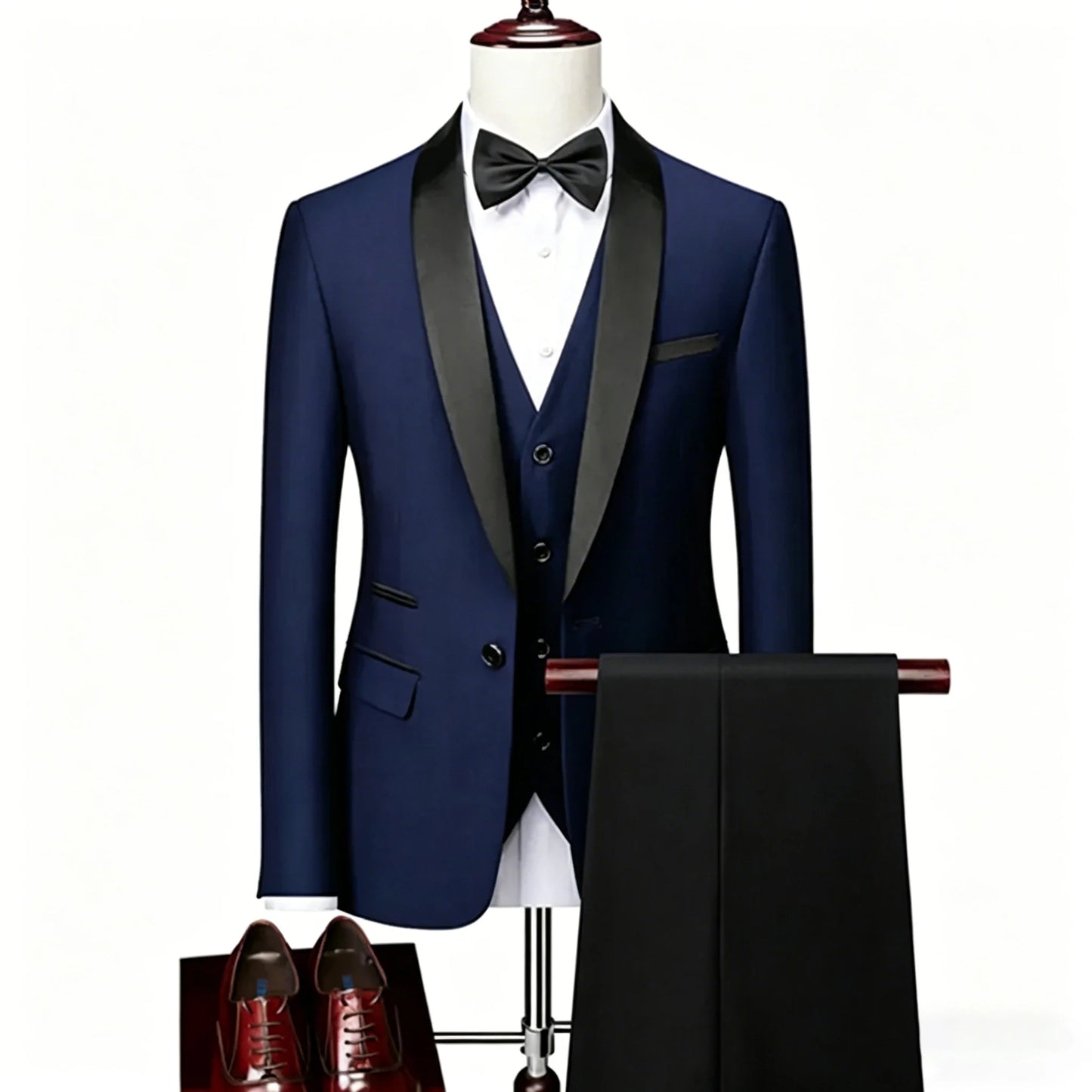 ( Jacket + Vest + Pants ) Men's 3 Piece Tuxedo Suit Set, Beige Blazer with Black Shawl Lapel for Wedding, Groom, Formal Party