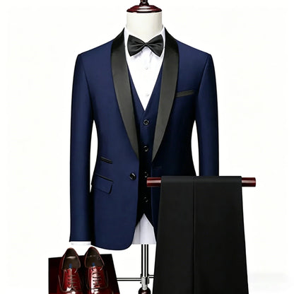 ( Jacket + Vest + Pants ) Men's 3 Piece Tuxedo Suit Set, Beige Blazer with Black Shawl Lapel for Wedding, Groom, Formal Party