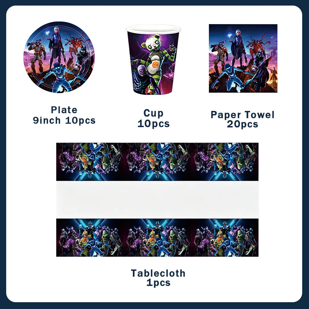 Fortnite Theme Birthday Party Decorations Shooting Game Balloon Cup Plate Tablecloth Banner Baby Shower Kid Favors Supplies Gift
