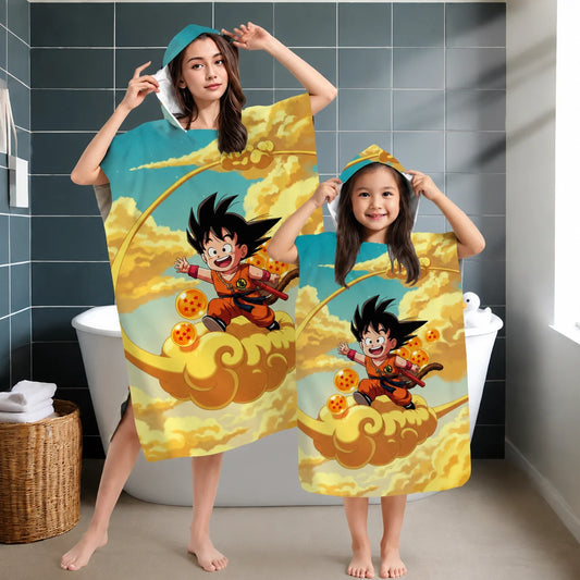 Dragon Ball Kid Goku Hooded Bath Towel, Kinto Un Cloud Parent-Child Microfiber Quick Dry Poncho for Kids Swim Beach